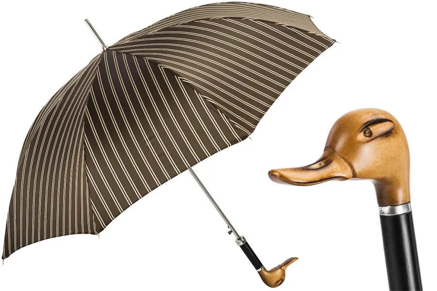 obrazek 1 Wyjątkowy brązowy parasol męski w paski z rączką w kształcie głowy kaczki - Pasotti