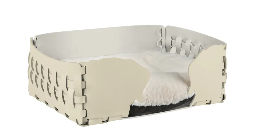 obrazek 1 Skórzane legowisko dla psa 35x20xH15 cm zdobione motywem psich głów w kolorze waniliowym