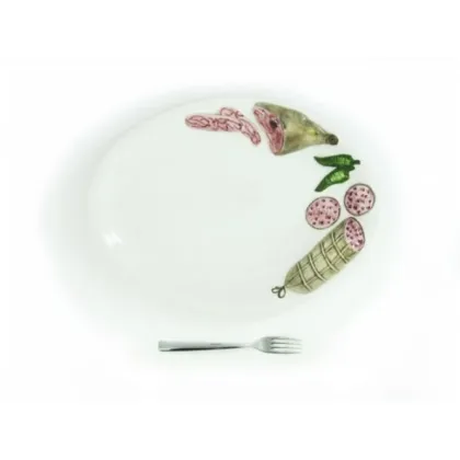 Zdjęcie Średnia owalna taca na salami lub przekąski zdobiona motywem wędlin - Le Ceramiche