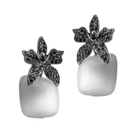 Picture Earrings Polished silver Black zircons White cat's eye