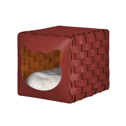 Zdjęcie Burgundowy skórzany domek dla kota 35x40x35 cm