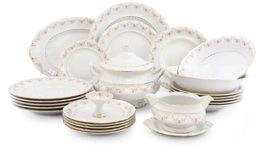 obrazek 1 Elegancka 25-częściowa zastawa obiadowa z porcelany zdobiona girlandami z róż - Leander