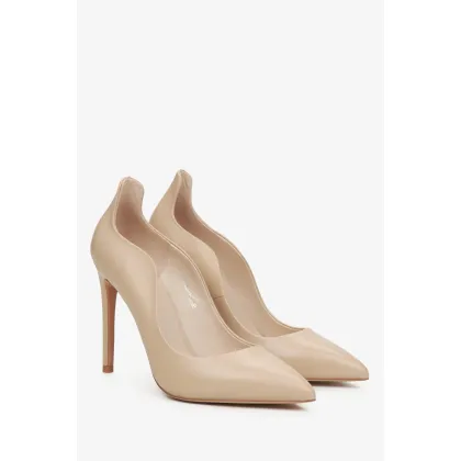 Zdjęcie Estro: Beżowe skórzane szpilki damskie o falistym brzegu