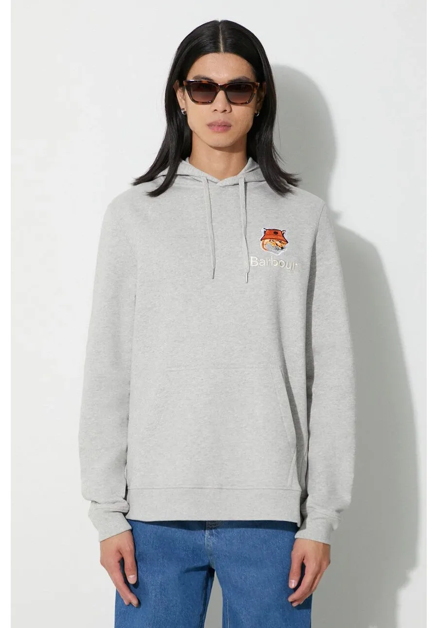 obrazek 1 Barbour bluza bawełniana X Maison Kitsune Fox Head Hoodie męska kolor szary z kapturem z aplikacją MOL0569