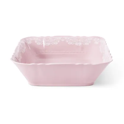 Zdjęcie Porcelanowa kwadratowa duża miska w kolorze różowym z delikatnym zdobieniem – Leander