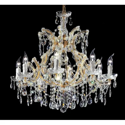 Zdjęcie Luksusowy żyrandol z pozłacaną metalową ramą pokrytą szklanymi ramionami i przezroczystymi kryształowymi zawieszkami - Il Paralume Marina