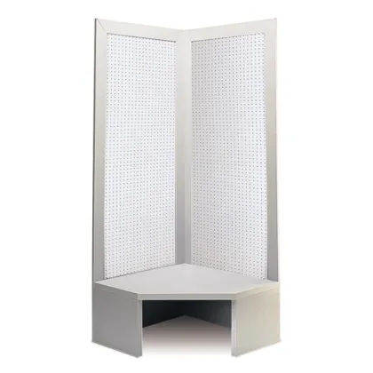 Picture Tall corner panel made of perforated sheet metal with a bench for the shop