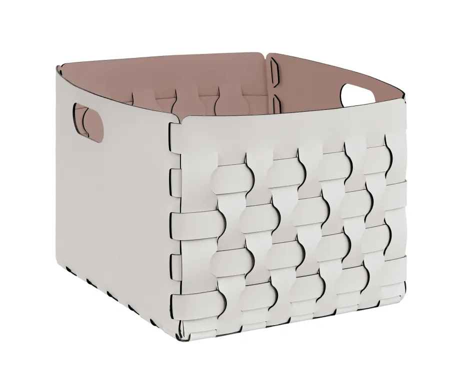 obrazek 1 Piękny skórzany kosz Dubai 35x40xH30 cm z plecionymi bokami w kolorze perłowym