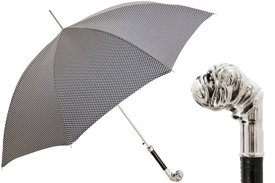 obrazek 1 Stylowy parasol męski w drobny geometryczny wzór z rączką w kształcie głowy buldoga – Pasotti