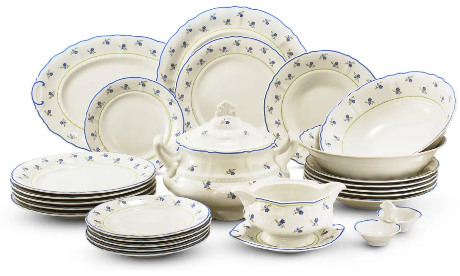 obrazek 1 Ekskluzywna 25-częściowa zastawa obiadowa z porcelany w kolorze kości słoniowej zdobiona motywem niezapominajek – Leander