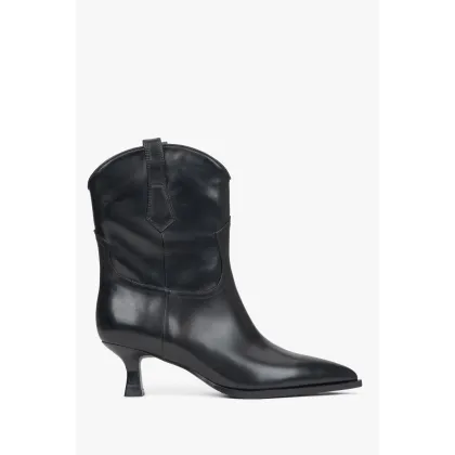 Zdjęcie Estro: Czarne skórzane botki damskie na niskim obcasie z czubkiem w szpic