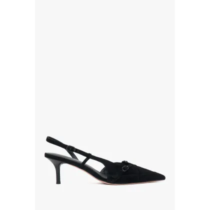 Zdjęcie Estro: Czarne welurowe czółenka typu slingback na niskim obcasie