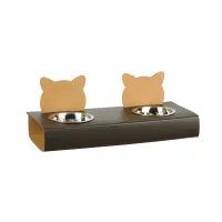 Zdjęcie Unikalny ciemnooliwkowy uchwyt na miski dla kota 40x16xH6 cm