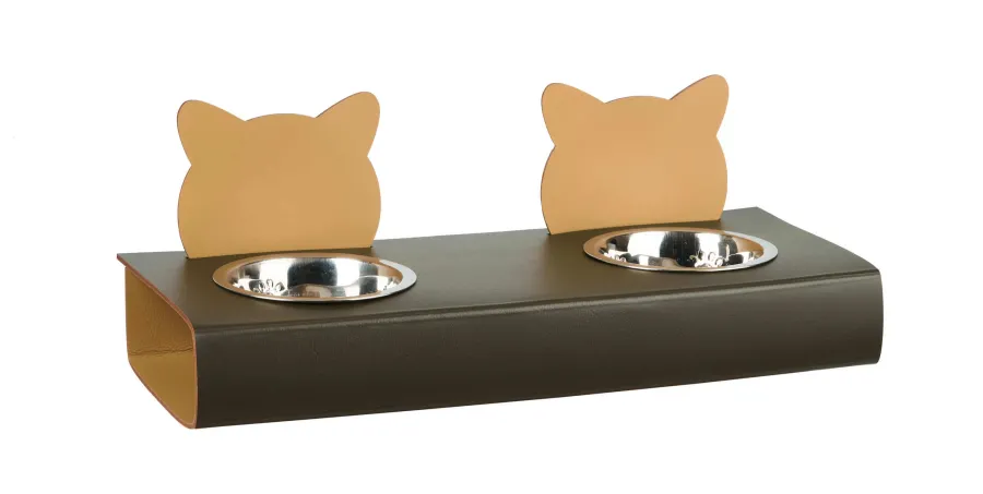 obrazek 1 Unikalny ciemnooliwkowy uchwyt na miski dla kota 40x16xH6 cm