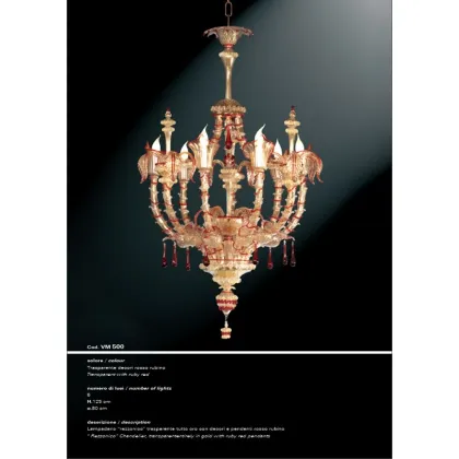 Zdjęcie Przezroczysty złoty żyrandol „Rezzonico” z rubinowymi dekoracjami i zawieszkami - Il Paralume Marina