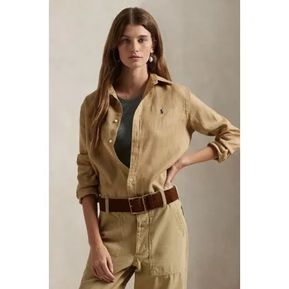 Zdjęcie Polo Ralph Lauren koszula lniana kolor beżowy regular z kołnierzykiem klasycznym 211970730