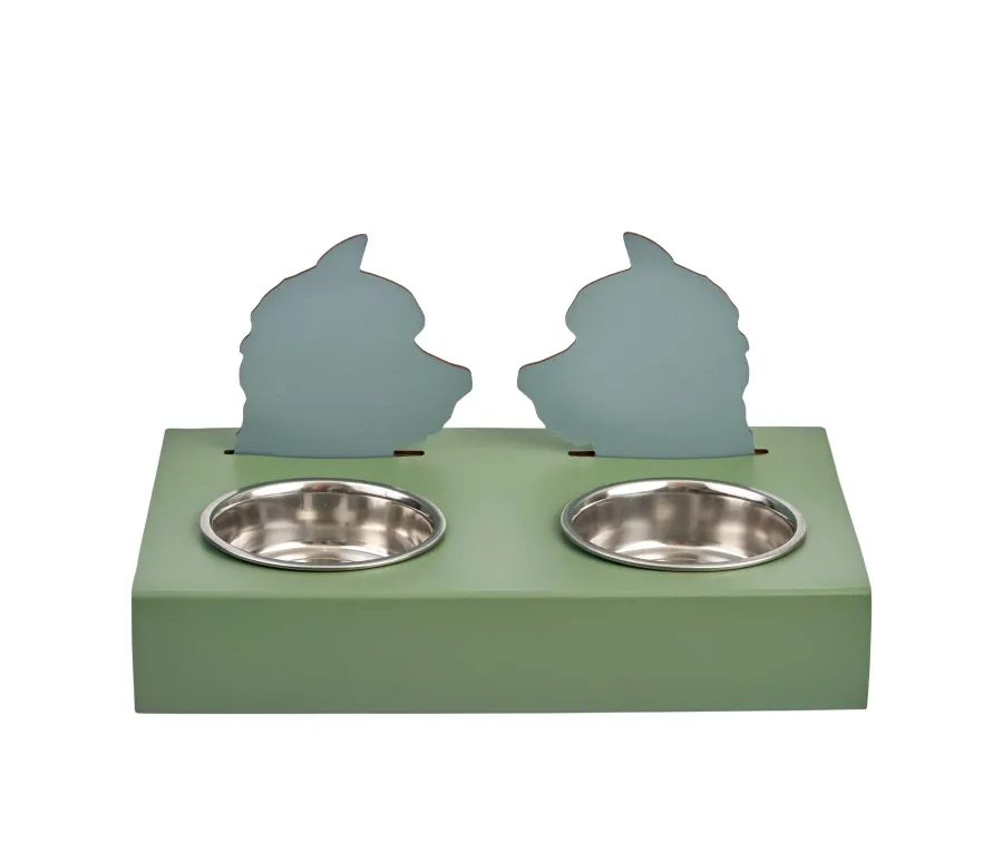 obrazek 1 Unikalny skórzany uchwyt na miski dla psa 40x22xH7,5 cm w kolorze eukaliptusa