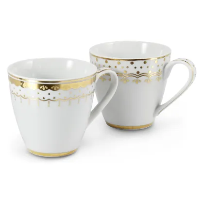 Zdjęcie Zestaw dwóch białych stylowych kubków z porcelany zdobionych subtelnym złotym ornamentem – Leander