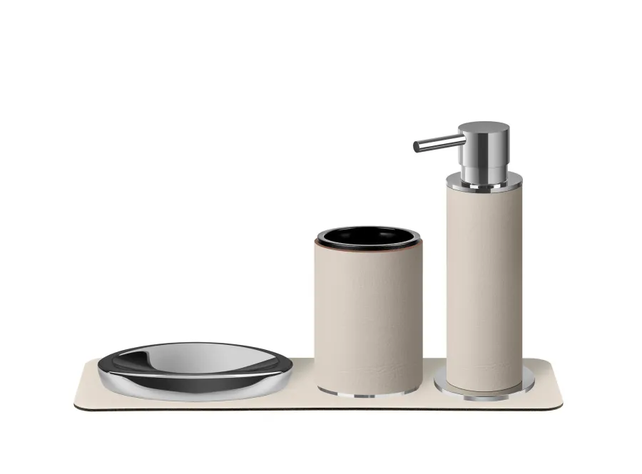 obrazek 2 Elegancki dozownik Ø7xH19 cm w kolorze waniliowym z chromowanym wykończeniem