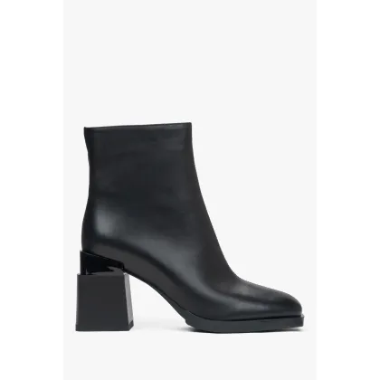 Zdjęcie Estro: Czarne botki damskie ze skóry naturalnej na słupku z lekkim ociepleniem