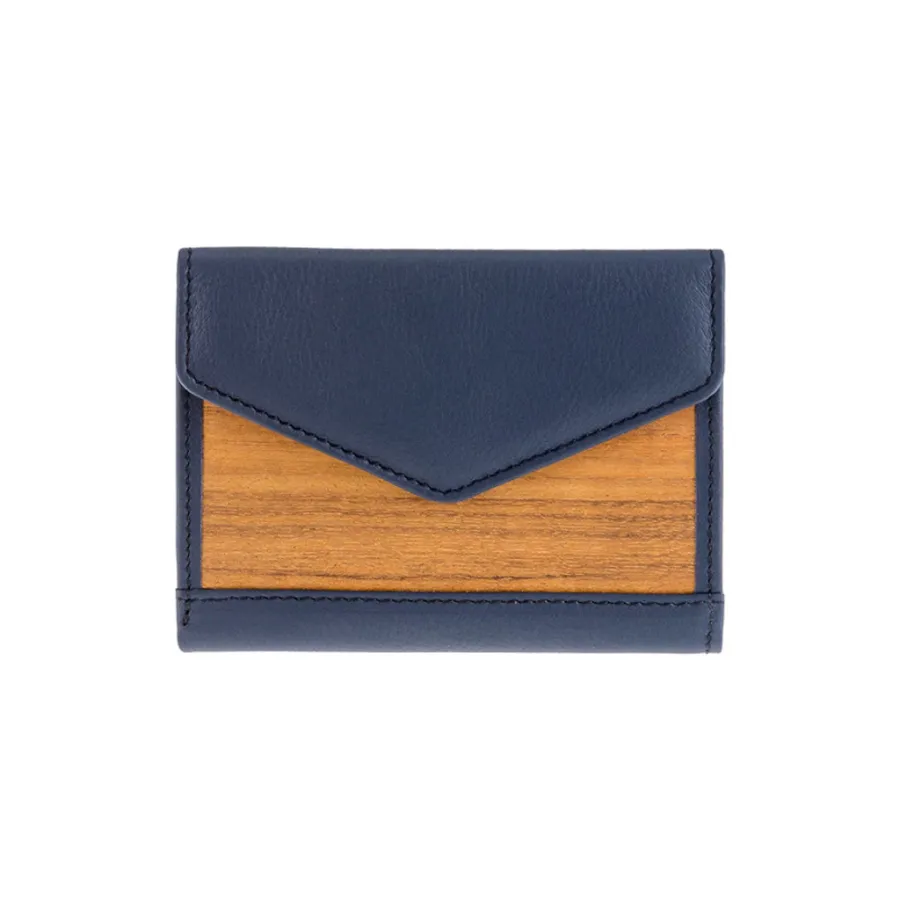 obrazek 3 Luksusowa portmonetka damska z gładkiej skóry w kolorze navy blue i naturalnego drewna Amazaque