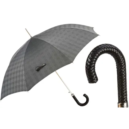 Picture Exclusive gray men's umbrella with a braided leather handle - Pasotti
