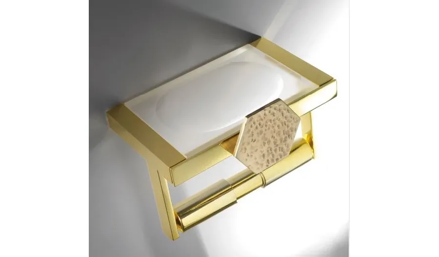obrazek 1 Stylowy uchwyt na papier toaletowy z kolekcji Hexagon z polerowanego mosiądzu o oryginalnym designie - Il Paralume Marina