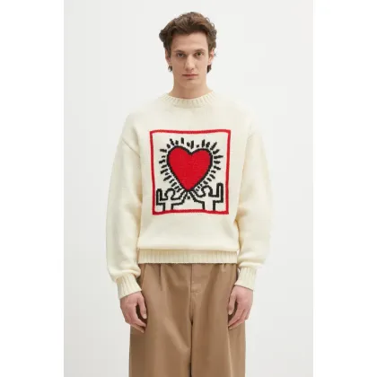 Zdjęcie Wacko Maria sweter wełniany x Keith Haring męski kolor beżowy ciepły KH.WM.KN01