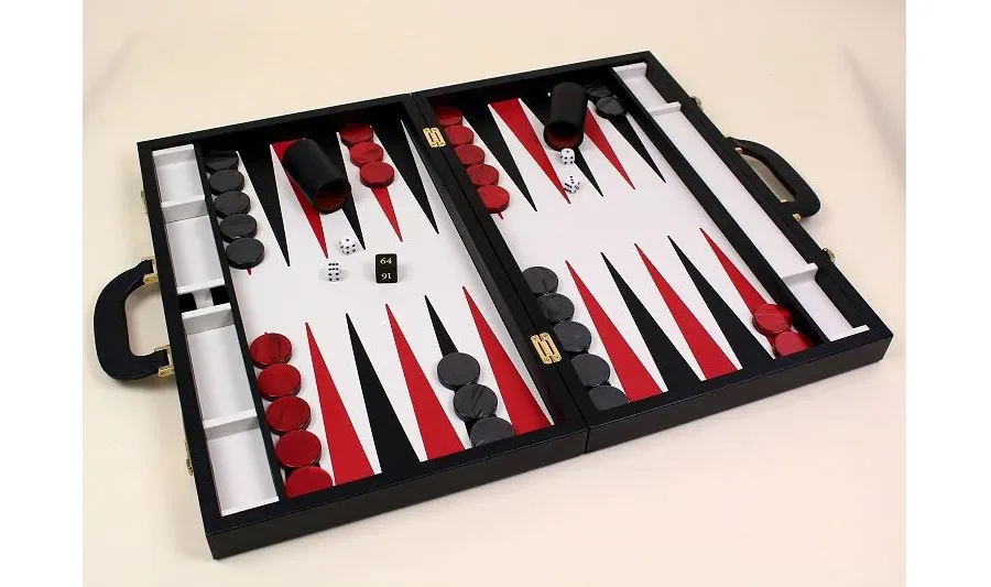 obrazek 2 Gra Backgammon z drewna i skóry w czarnym kolorze