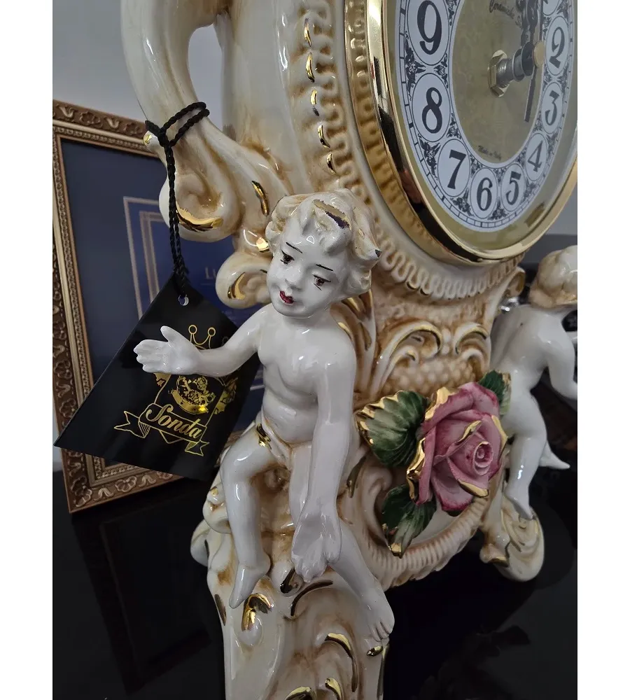 obrazek 3 Włoski ceramiczny zegar ozdobny z różami i aniołkami