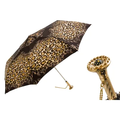 Zdjęcie Stylowy brązowy parasol damski zdobiony motywem skóry leoparda – Pasotti