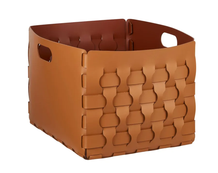 obrazek 1 Nowoczesny pleciony kosz Dubai 35x40xH30 cm ze skóry w kolorze koniakowym