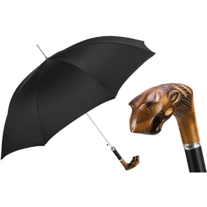 Picture Classic black men's umbrella with a wooden handle in the shape of a tiger's head - Pasotti
