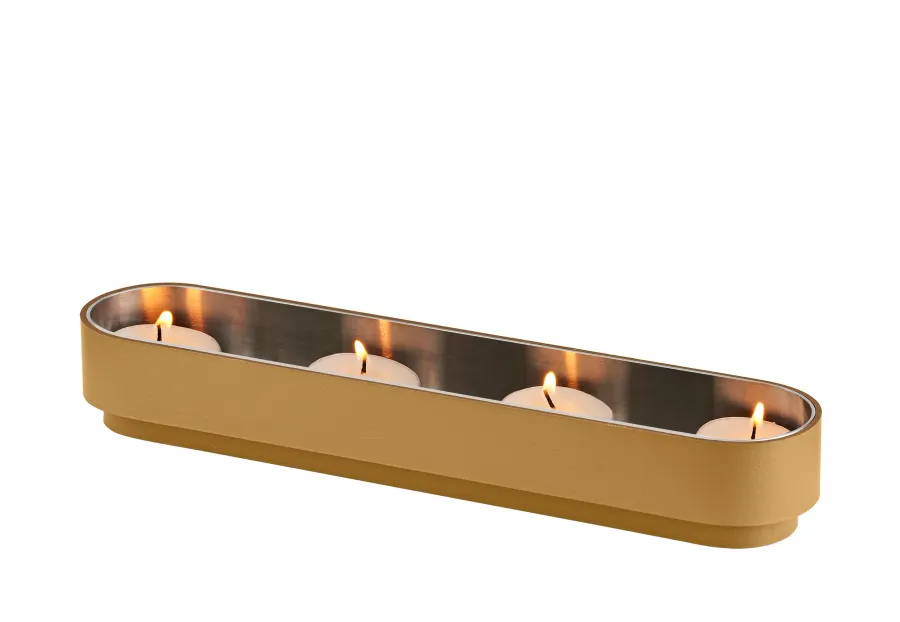 obrazek 1 Wyjątkowy skórzany uchwyt na świeczki 25,7x5,1xH4 cm w kolorze musztardowym