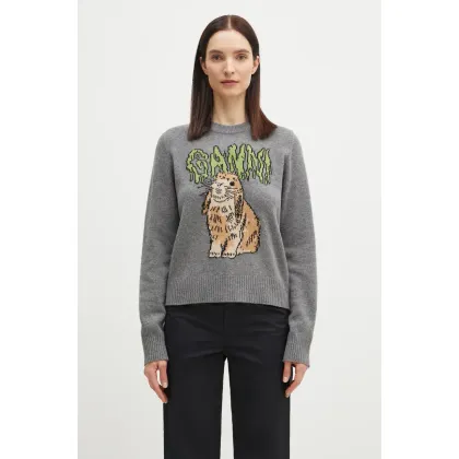 Zdjęcie GANNI sweter wełniany Graphic Wool Mix Bunny damski kolor szary K2502