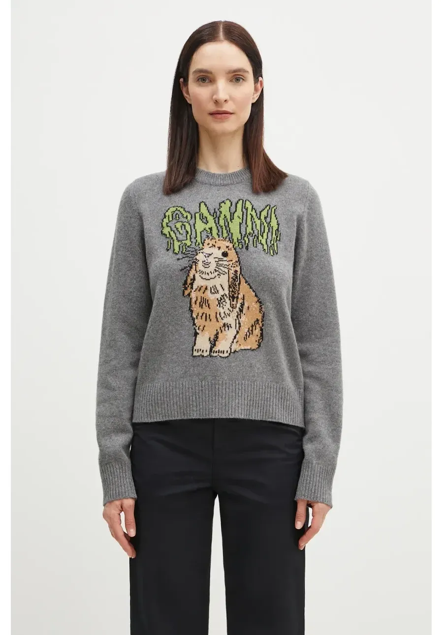 obrazek 1 GANNI sweter wełniany Graphic Wool Mix Bunny damski kolor szary K2502
