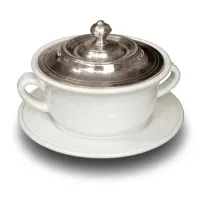Zdjęcie Ceramiczna waza na zupę z pokrywką z pewteru, taca w zestawie