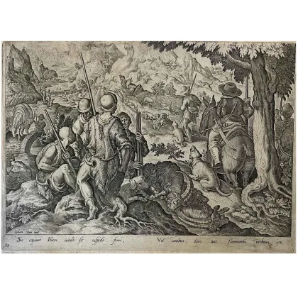 Picture An antique engraving depicting a Chamois Hunt from the 17th century