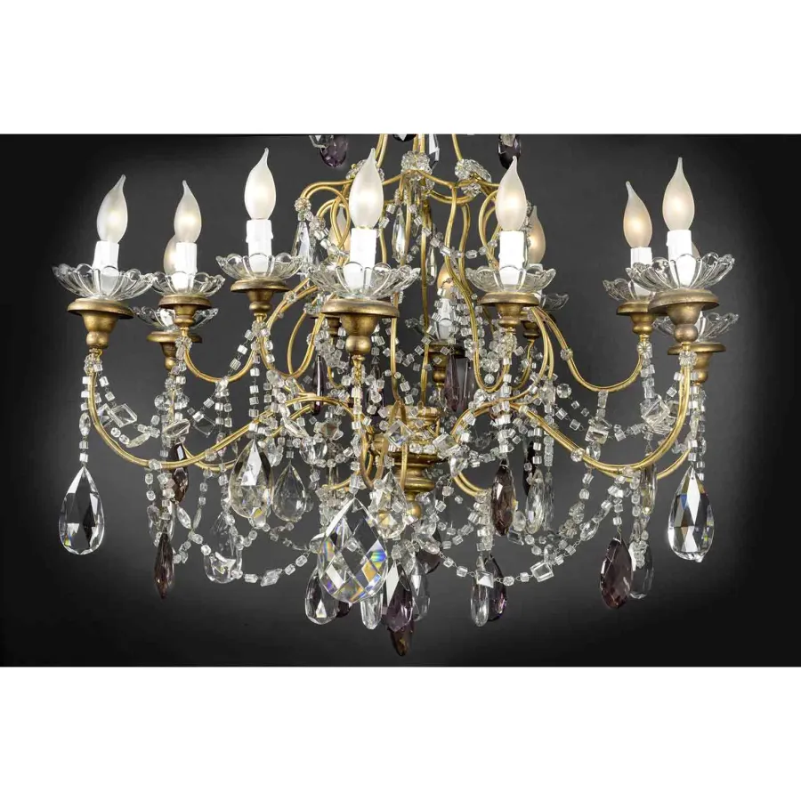 obrazek 3 Duży antyczny złoty żyrandol z dwunastoma światłami kryształowymi, w idealnym stanie, z początku XX wieku