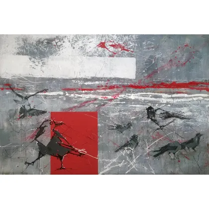 Zdjęcie Krzysztof Trzaska, obraz Pejzaż zimowy z ptakami z cyklu Polskie pejzaże, akryl/płótno, 95x135, 2016
