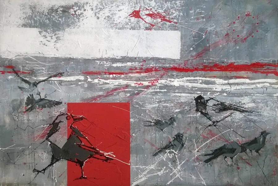 obrazek 1 Krzysztof Trzaska, obraz Pejzaż zimowy z ptakami z cyklu Polskie pejzaże, akryl/płótno, 95x135, 2016