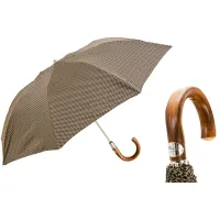 Zdjęcie Wyjątkowy brązowy parasol męski w drobny wzór z rączką z drewna kasztanowego - Pasotti