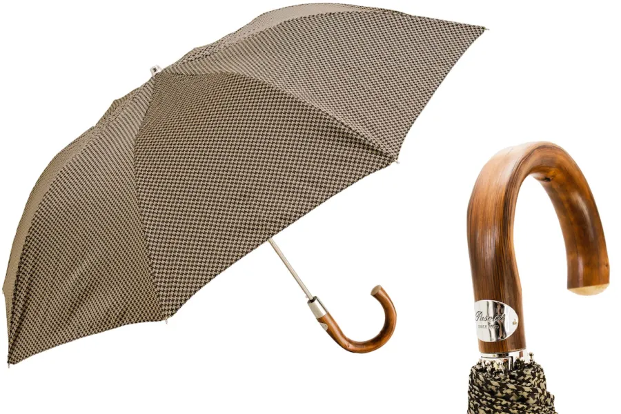obrazek 1 Wyjątkowy brązowy parasol męski w drobny wzór z rączką z drewna kasztanowego - Pasotti