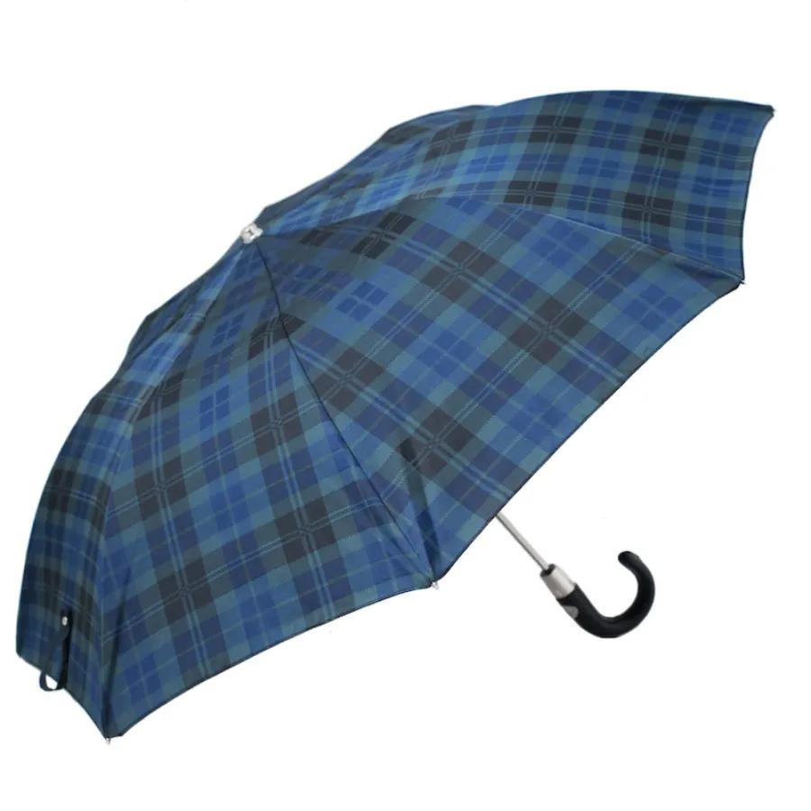 obrazek 6 Stylowy granatowy parasol męski w kratę ze skórzaną rączką – Pasotti