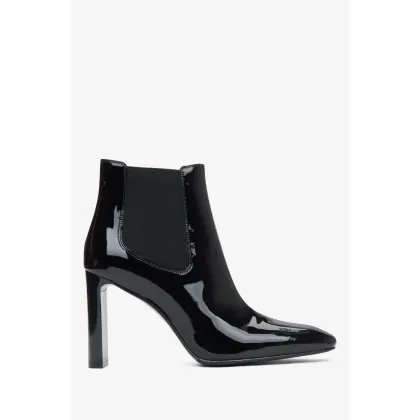 Zdjęcie Estro: Czarne botki damskie z lakierowanej skóry naturalnej na wysokim słupku