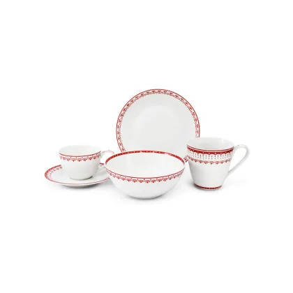 Zdjęcie Stylowy 5-elementowy zestaw śniadaniowy z porcelany w kolorze czerwonym z kolekcji HyggeLine – wariant 3 – Leander