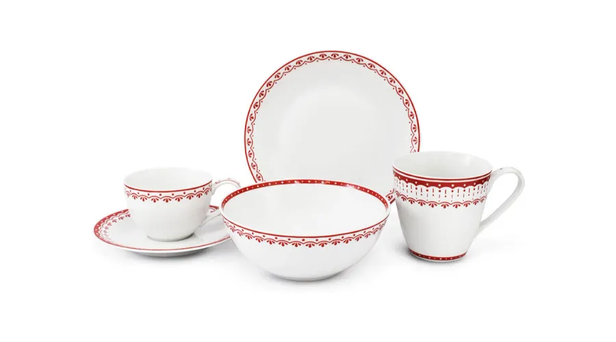 obrazek 1 Stylowy 5-elementowy zestaw śniadaniowy z porcelany w kolorze czerwonym z kolekcji HyggeLine – wariant 3 – Leander