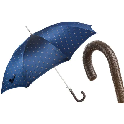 Picture Classic navy blue men's umbrella decorated with a fine pattern with a braided leather handle - Pasotti