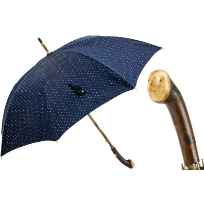 Picture Exclusive navy blue men's umbrella with a chestnut wood handle - Pasotti