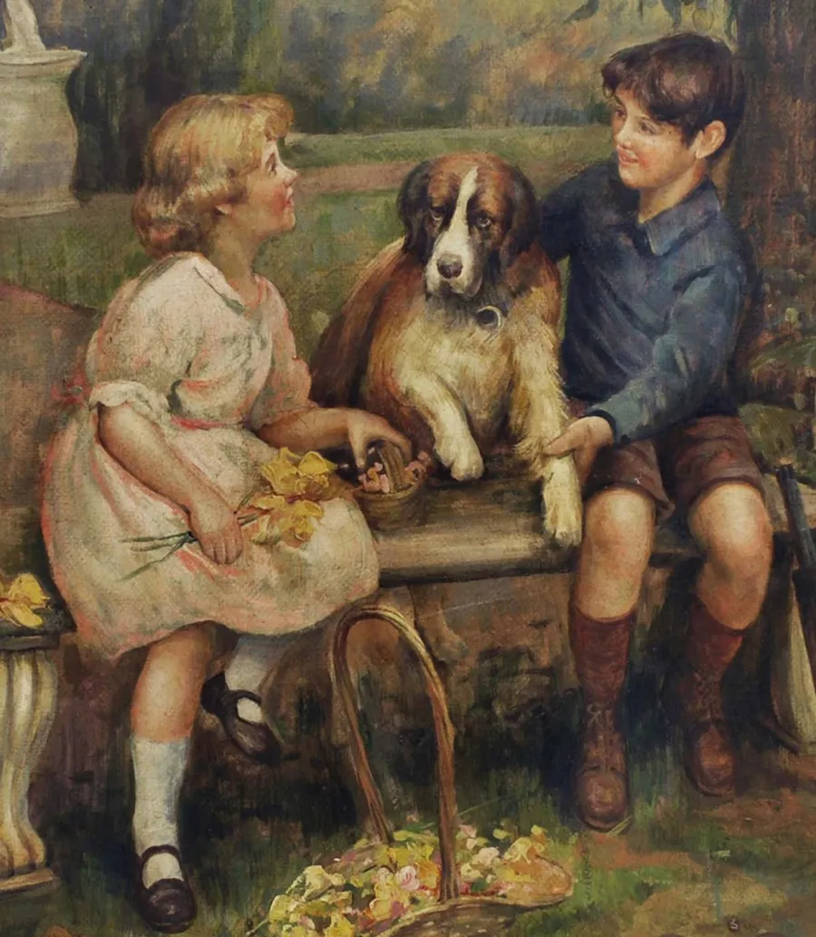 obrazek 3 Cudowny obraz olejny „Dzieci z bernardynem” na płótnie 70x55 cm - Jean Philipe Moreno